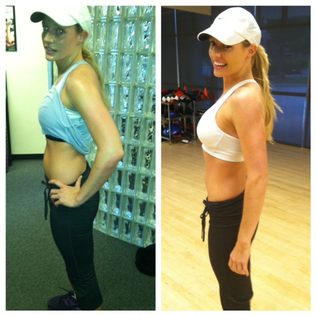 Kelli Case 8 weeks after gaining 45lbs with her second baby(left). And 16 Weeks post delivery she's back in shape!